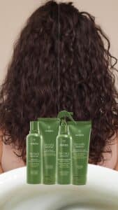 Before and after comparison of curly hair, with three aveda be curly products displayed in the foreground.
