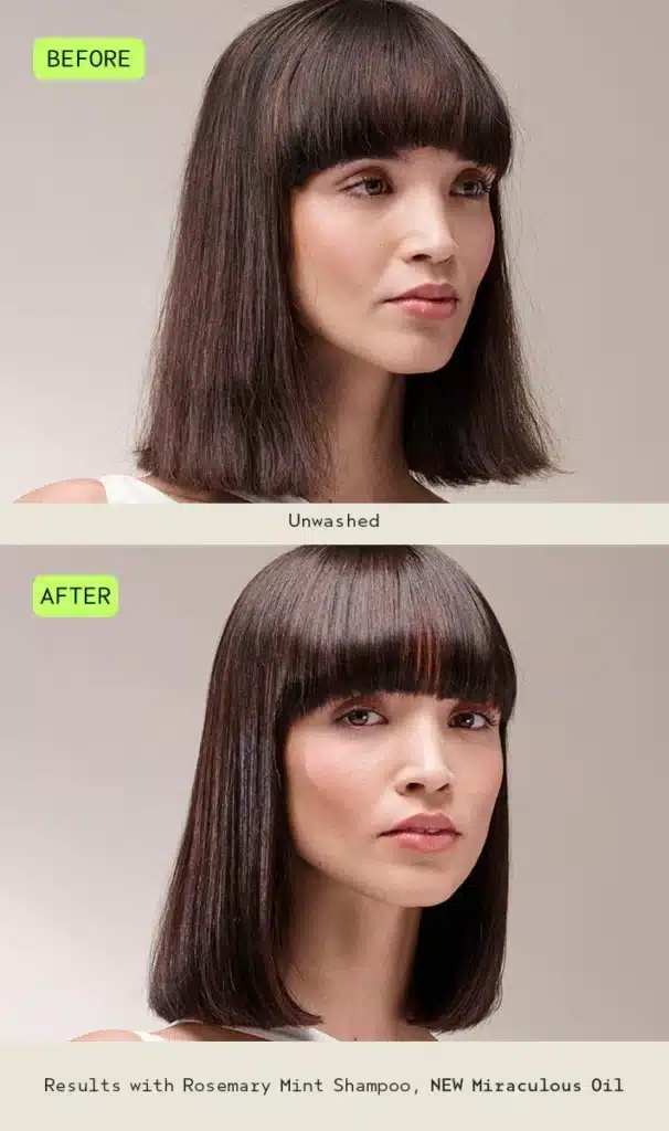 Side-by-side comparison of a woman’s hair before and after washing, showing dull, unwashed hair above and smooth, shiny hair below after using specific shampoo and oil.